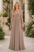 V-neck Cap Sleeve A-Line Chiffon Floor-Length Dress With Keyhole Back