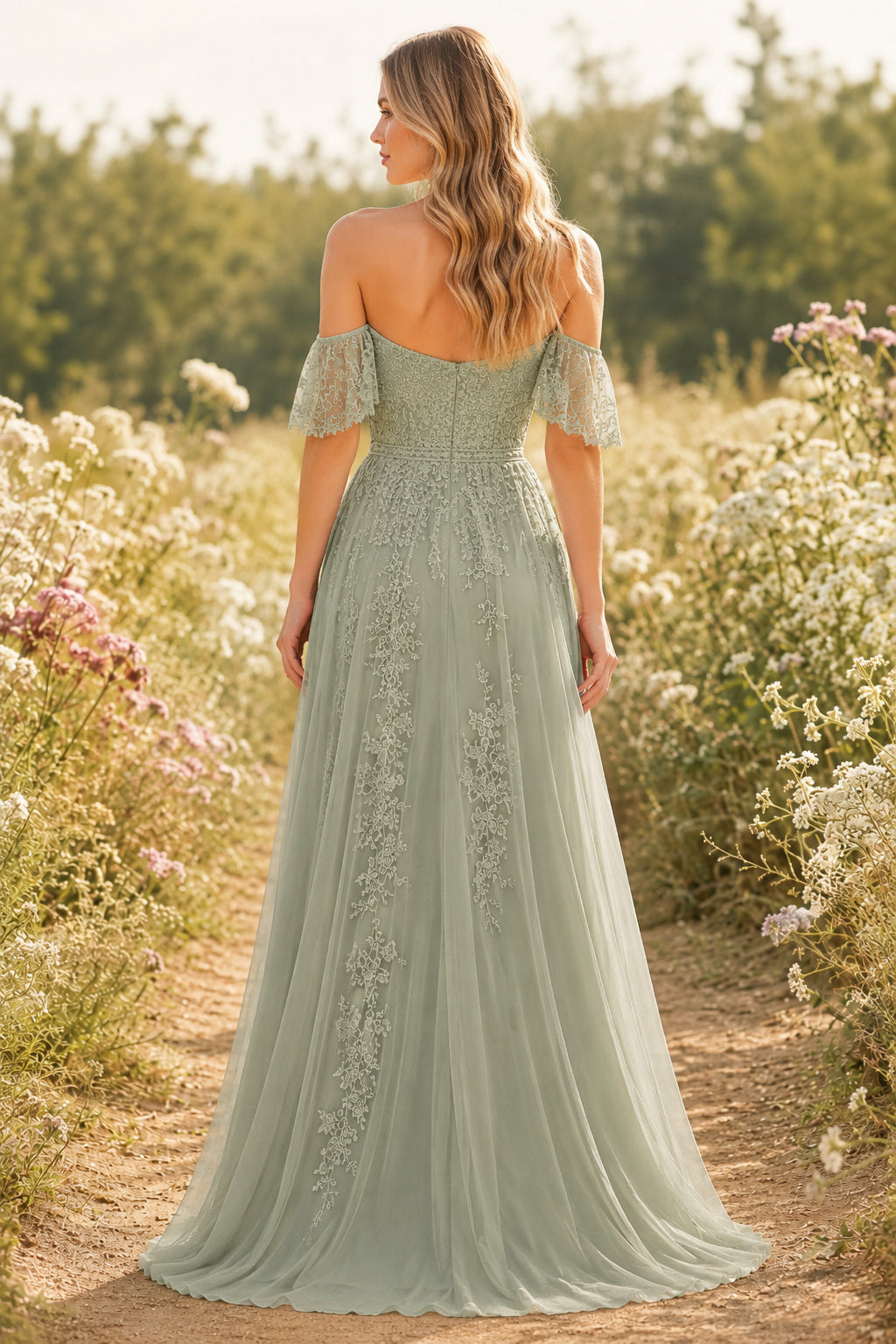 Sage Off-the-Shoulder Lace A-Line Formal Dress with Flutter Sleeves and Applique Skirt back view