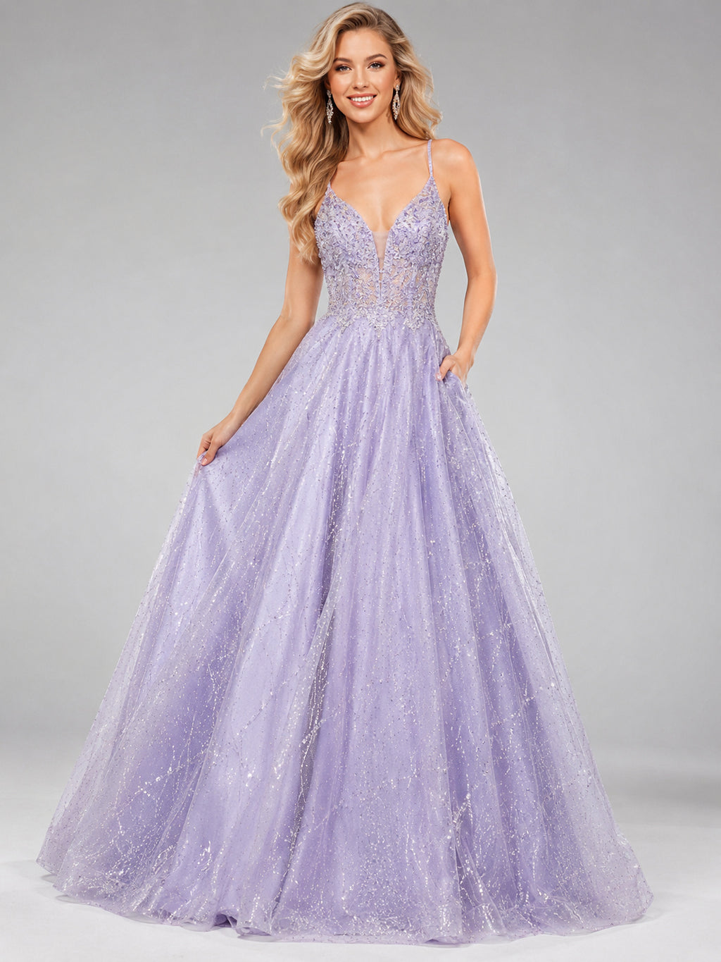 Lavender Glitter Tulle V Neck Ball Gown Prom Dress front view