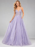 Lavender Glitter Tulle V Neck Ball Gown Prom Dress front view