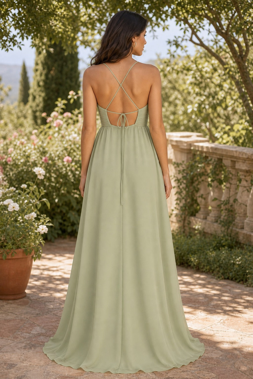 Sage Halter Floor-Length Chiffon A-Line Dress