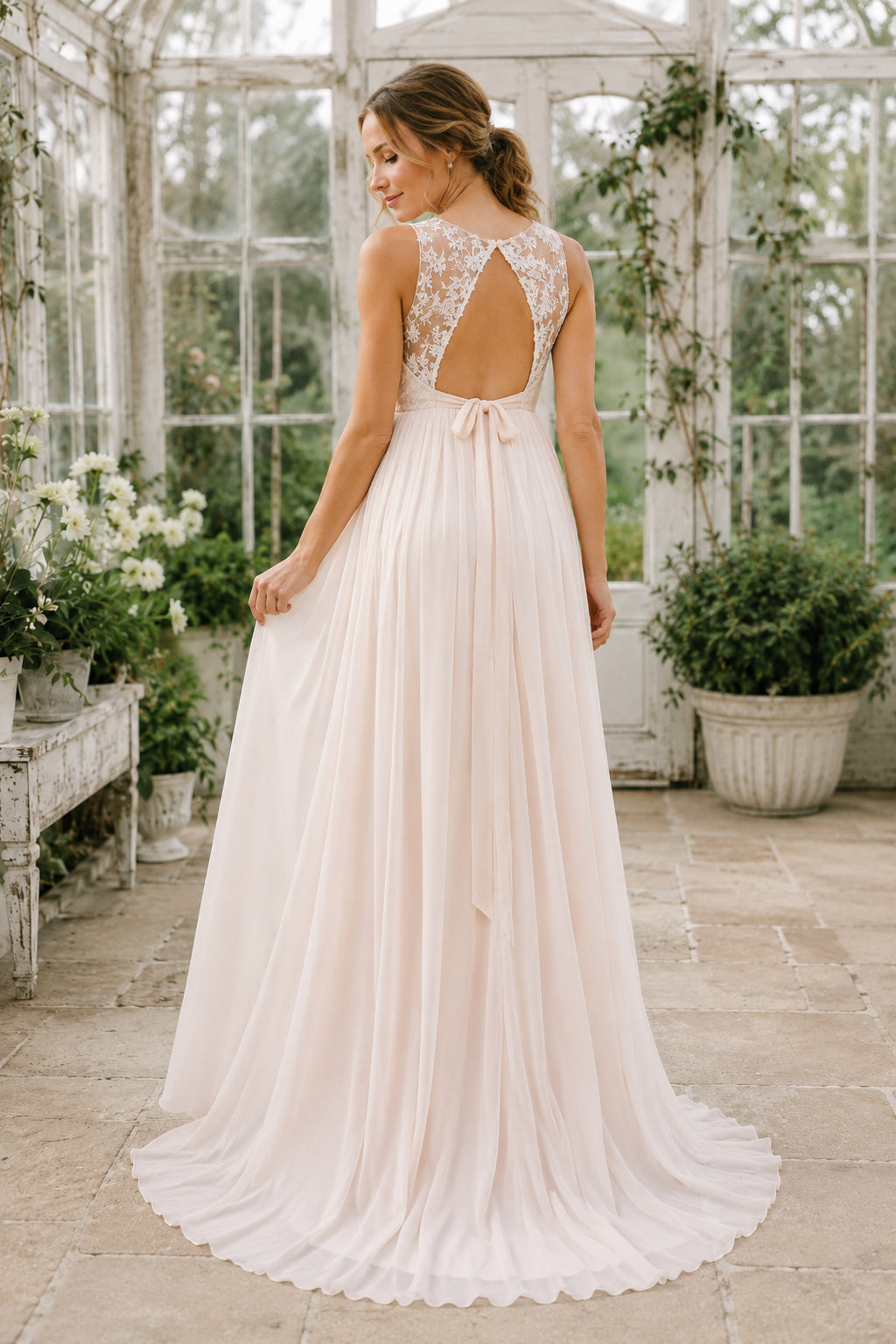 Ivory Maternity High Neck Sleeveless Lace A-Line Wedding Dress with Keyhole Back back view