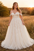Ivory Plus Size Off-the-Shoulder Lace A-Line Wedding Dress with Applique Bodice and Train front view