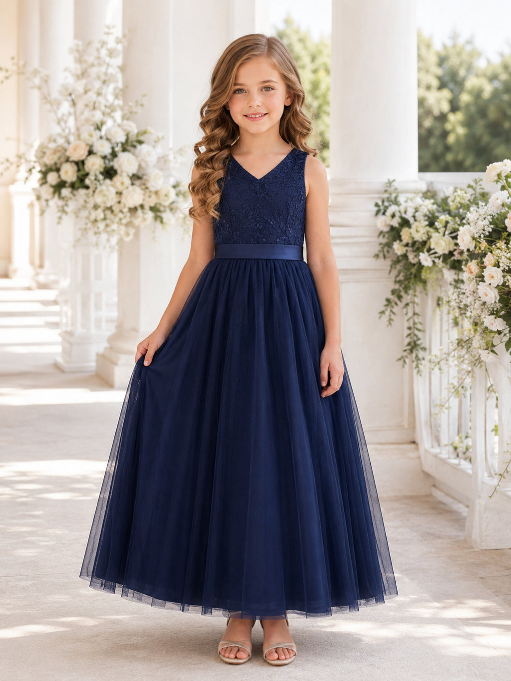 Flower Girl Dress Dark Navy Tulle A-Line Sleeveless V Neck Neck Floor Length Floral Applique front view
