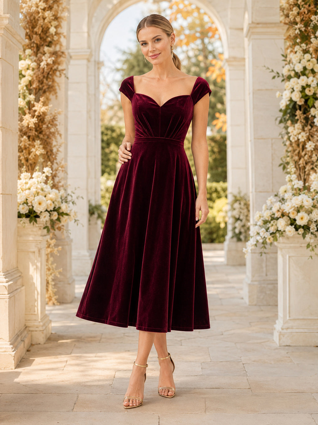 Burgundy Sweetheart Cap Sleeve Velvet A-Line Tea-Length Wedding Guest Dress front view