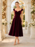 Burgundy Sweetheart Cap Sleeve Velvet A-Line Tea-Length Wedding Guest Dress front view