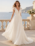 Chiffon Wedding Dress A-Line V-Neck Sleeveless Chapel Train Low V Back Bridal Gown front view