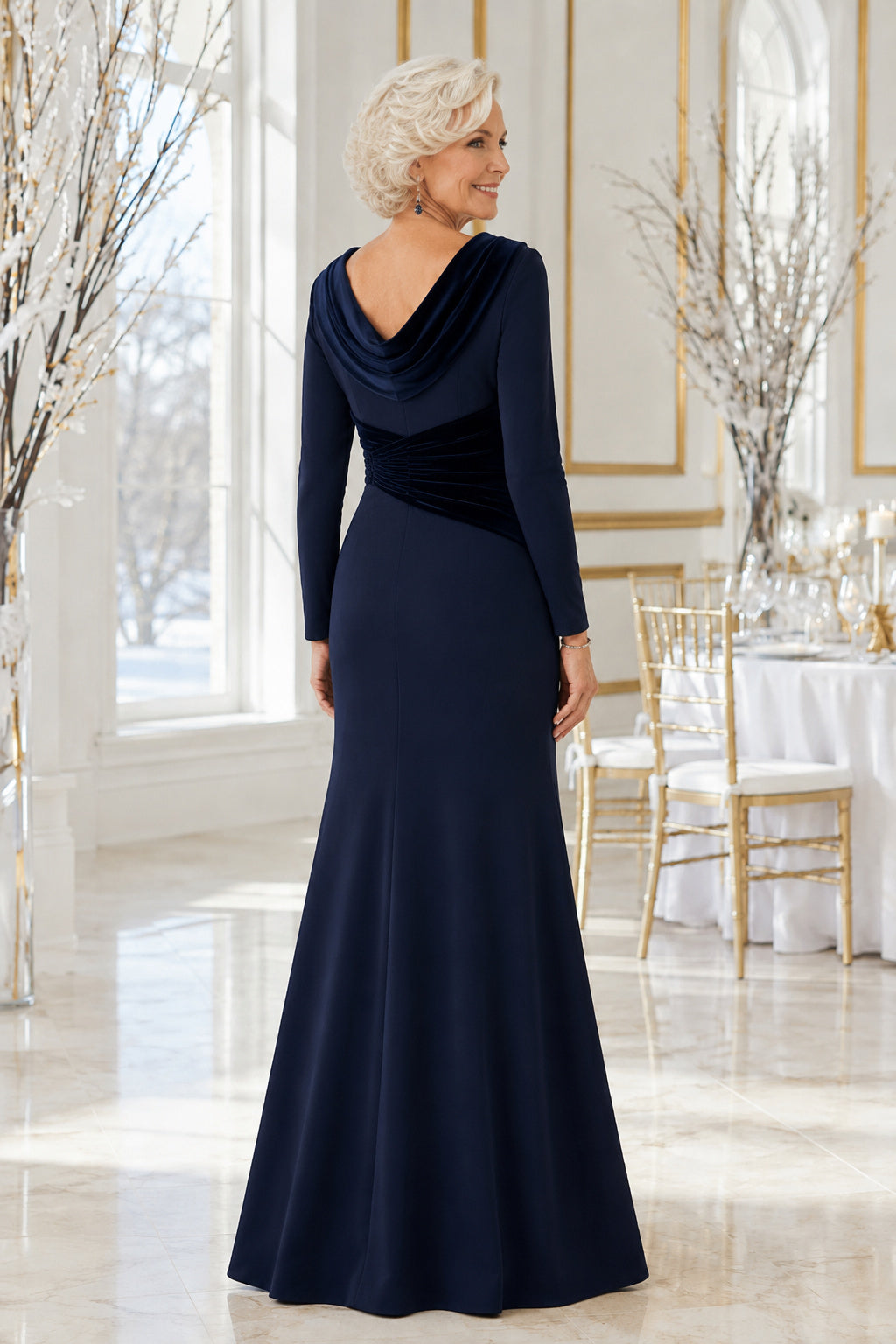 Dark Navy Cowl Neck Mermaid Mother Dress with Long Sleeves and Contrast Waist for Evening Reception back view