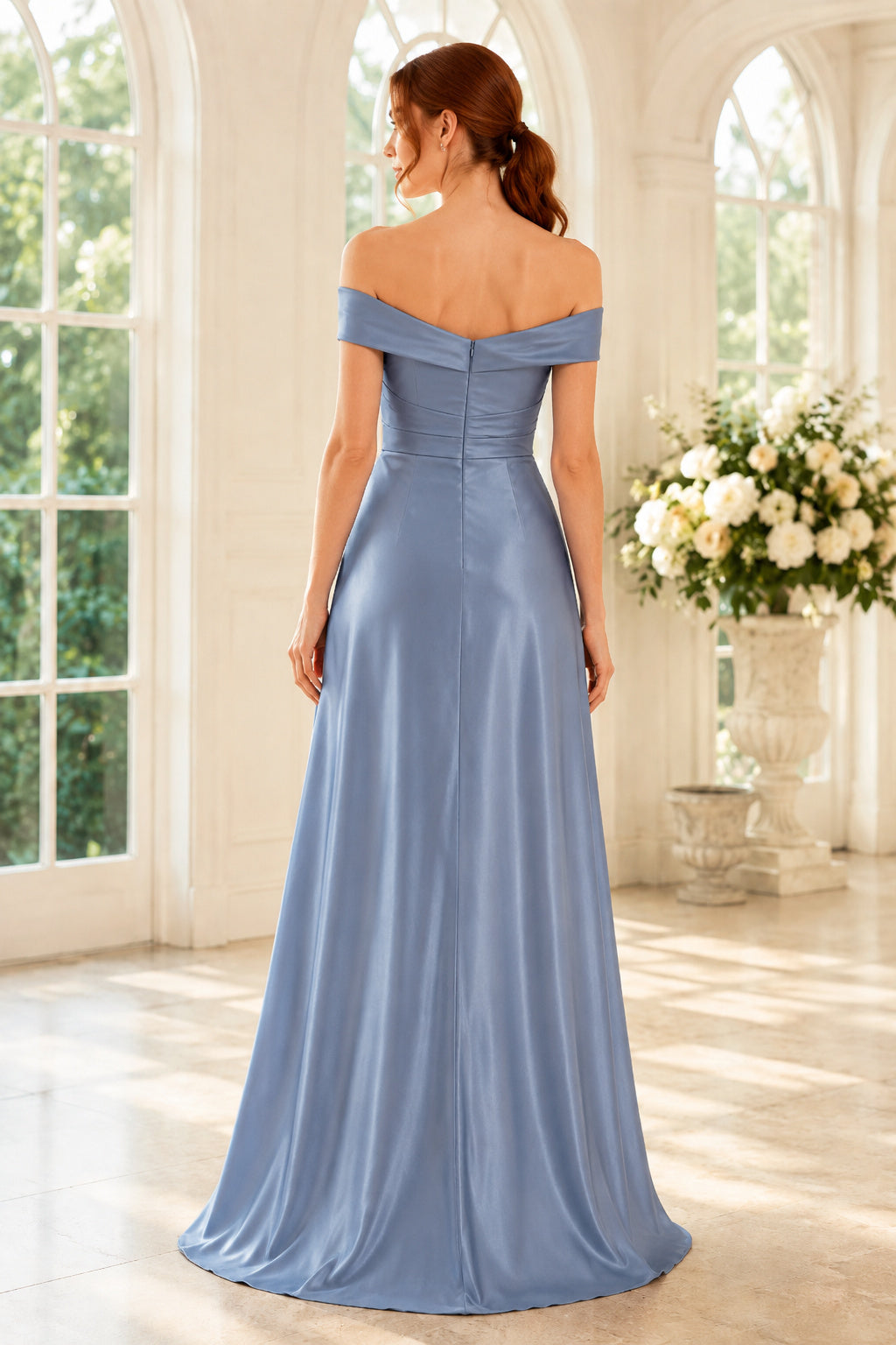 Steel Blue Off-the-Shoulder Satin A-Line Bridesmaid Dress with Wrapped Bodice back view