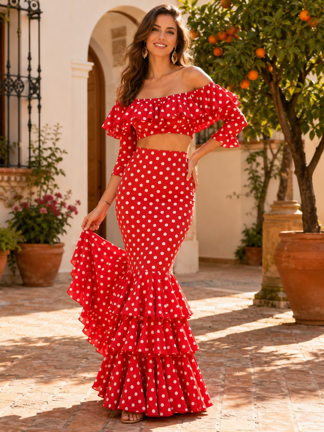 Red White Polka Dot Off Shoulder Ruffle Crop Top Tiered Mermaid Two Piece Feria Set front view