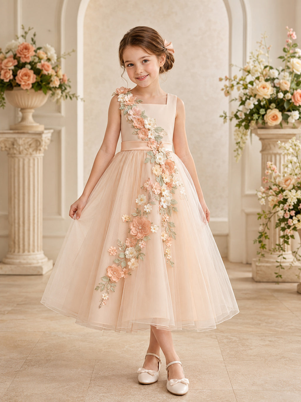 Champagne Cascading Floral Flower Girl Dress with Sleeveless Tulle A-Line, Applique Trail, Natural Waist, and Tea-Length Hem