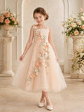 Champagne Cascading Floral Flower Girl Dress with Sleeveless Tulle A-Line, Applique Trail, Natural Waist, and Tea-Length Hem