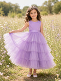 Flower Girl Dress Lavender Tulle A-Line Sleeveless Jewel Neck Tea Length Ruffle Detail Tiered Skirt front view