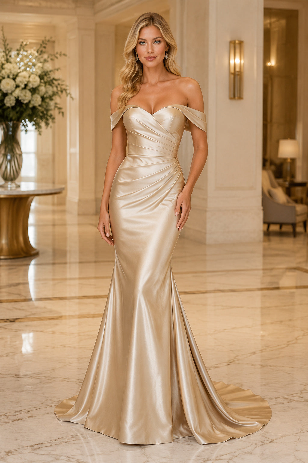 Champagne Off-the-Shoulder Satin Mermaid Wedding Dress with Sweetheart Neck front view