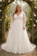 Ivory Plus Size Long Sleeve Lace A-Line Wedding Dress with V-Neck Bodice and Train front view