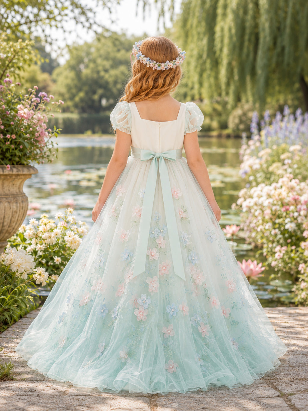 Mint Green Flower Girl Dress with Puff Sleeves, Square Satin Bodice, Floor-Length Ball Gown Skirt and Pastel Floral Embroider