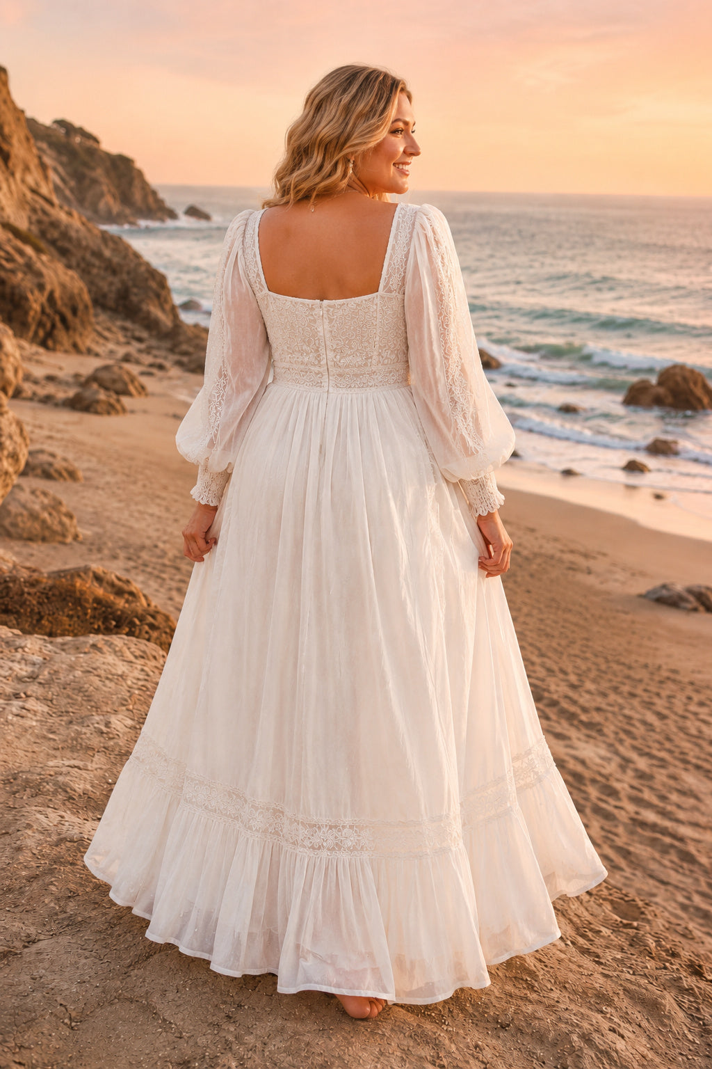 Plus Size Ivory Square Neck Balloon Sleeve Lace Tulle A-Line Wedding Dress with Tiered Ruffle Skirt and Balloon Sleeves back
