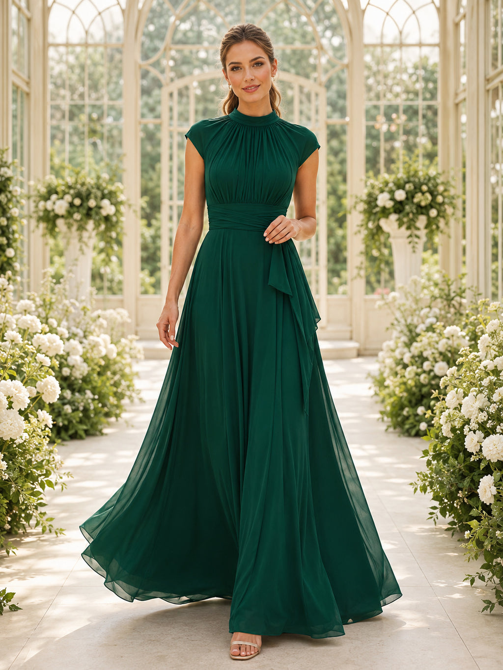 Dark Green High Neck Cap Sleeve Chiffon Maxi Guest Dress front view
