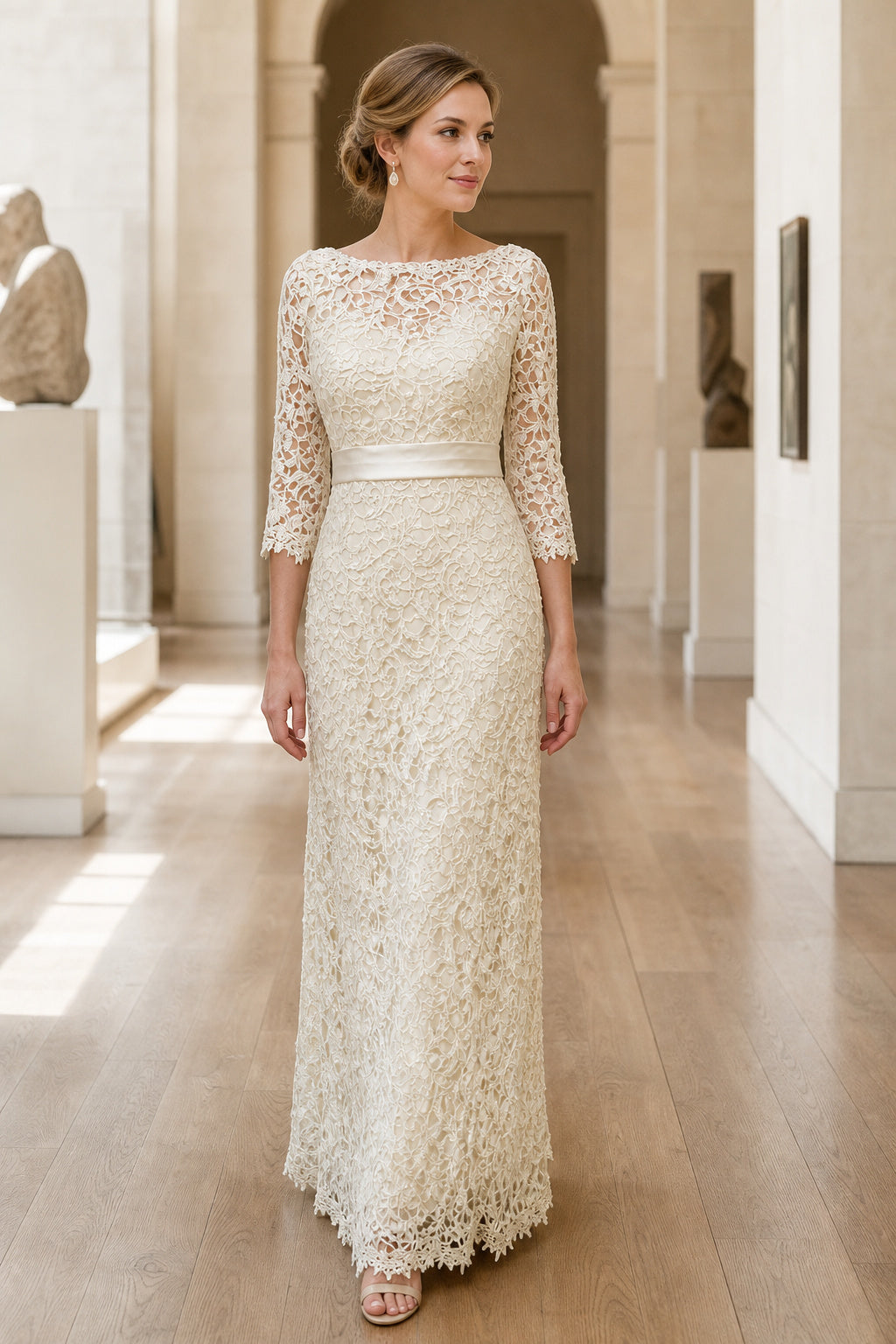Ivory Jewel Long Sleeves Sheath Lace Floor-length Wedding Dress With Lace and Sash and Open Back