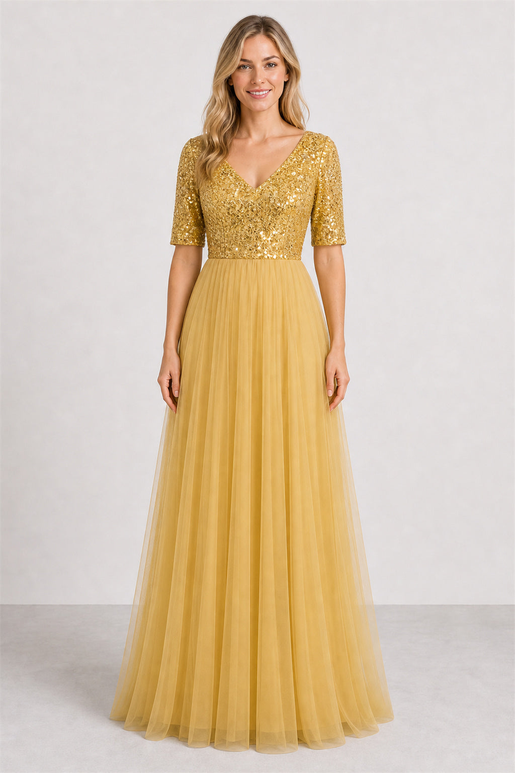 V-neck Half Sleeve A-Line Tulle Floor-Length Dress With Lace Bodice