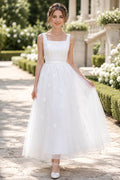 White Square Neck Sleeveless Lace Bodice with Soft Tulle Skirt Tea Length A-Line Wedding Dress front view