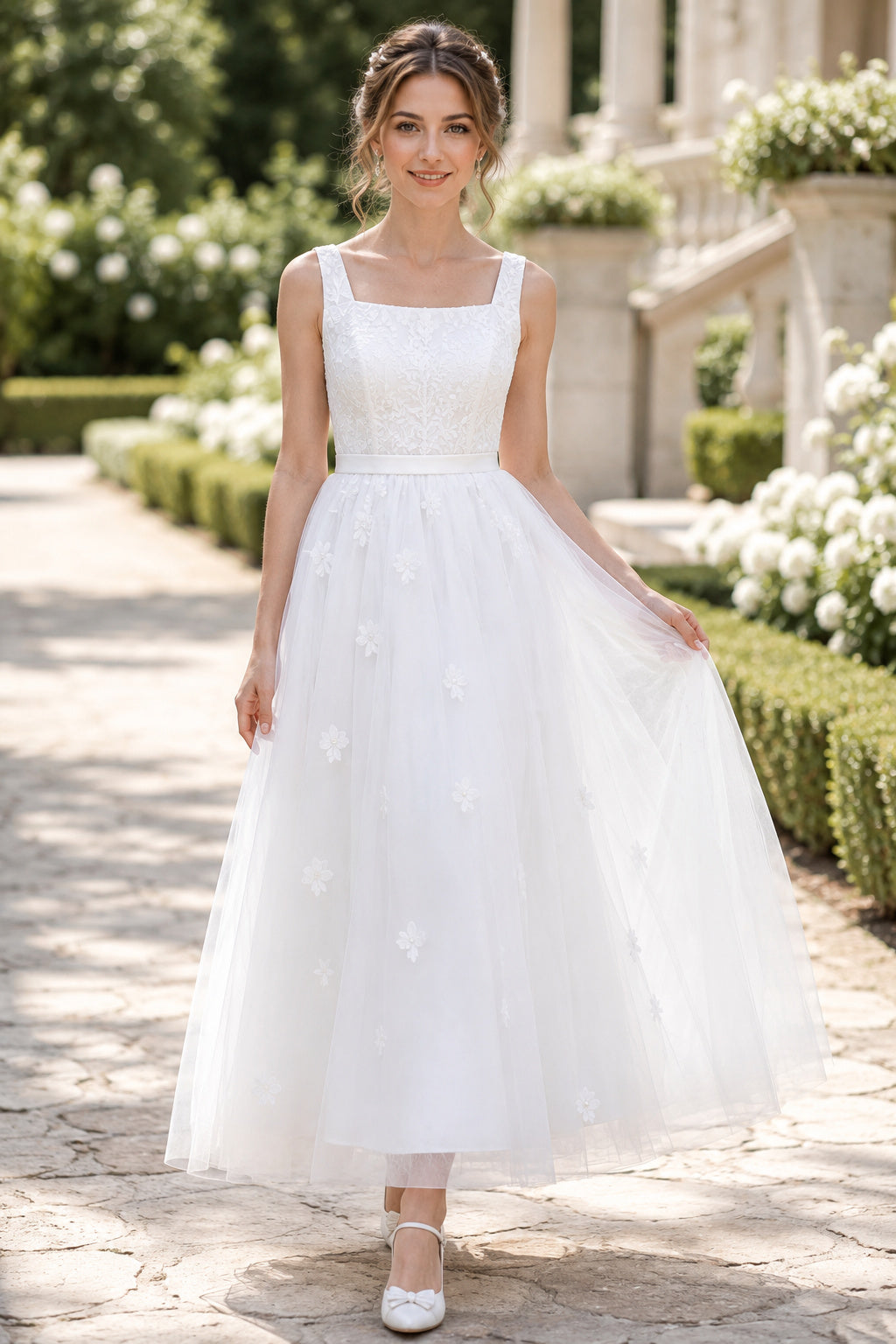 White Square Neck Sleeveless Lace Bodice with Soft Tulle Skirt Tea Length A-Line Wedding Dress front view