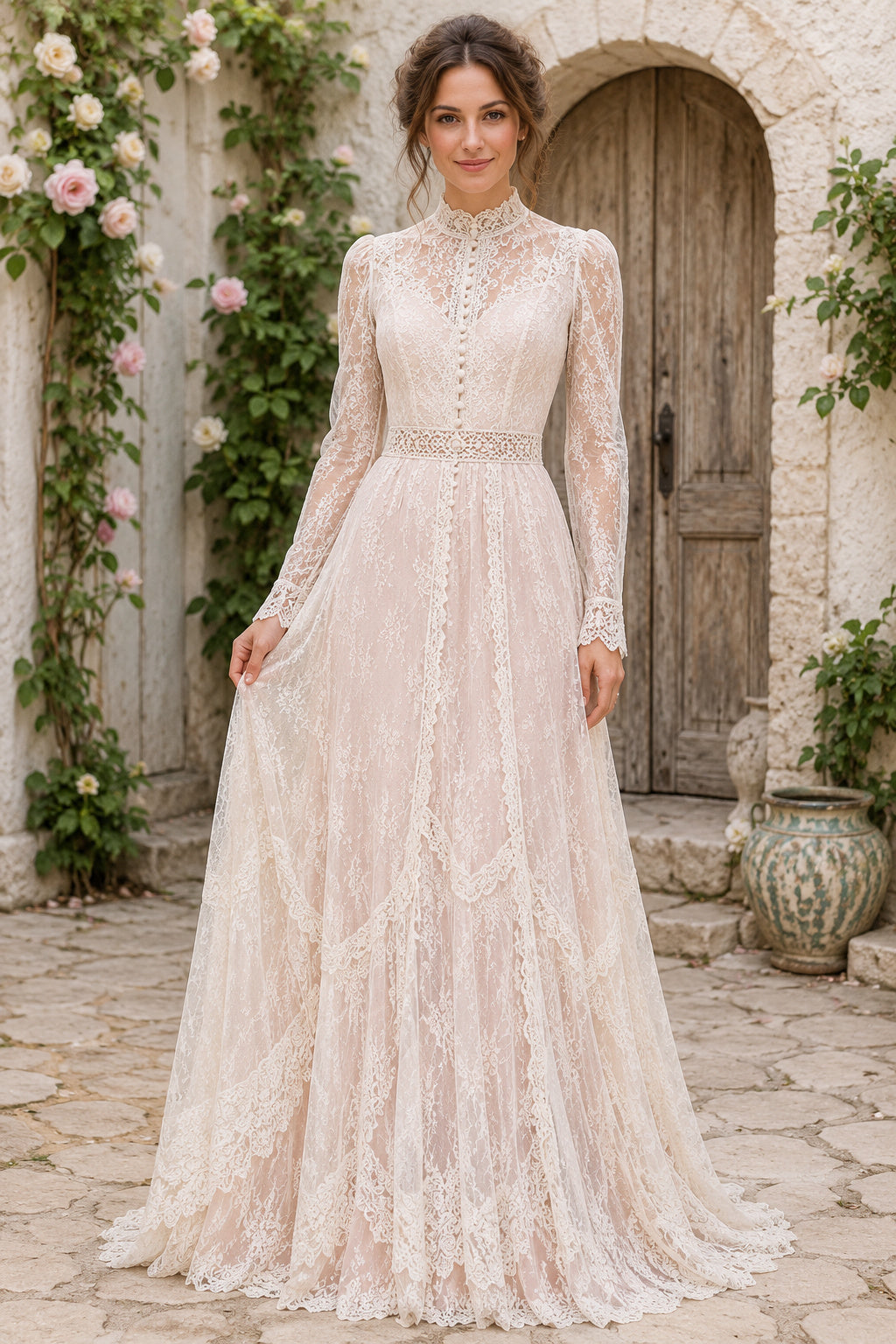 Blushing Pink High Neck Long Sleeve Lace A-Line Wedding Dress Train for Wedding Ceremony and Reception front view
