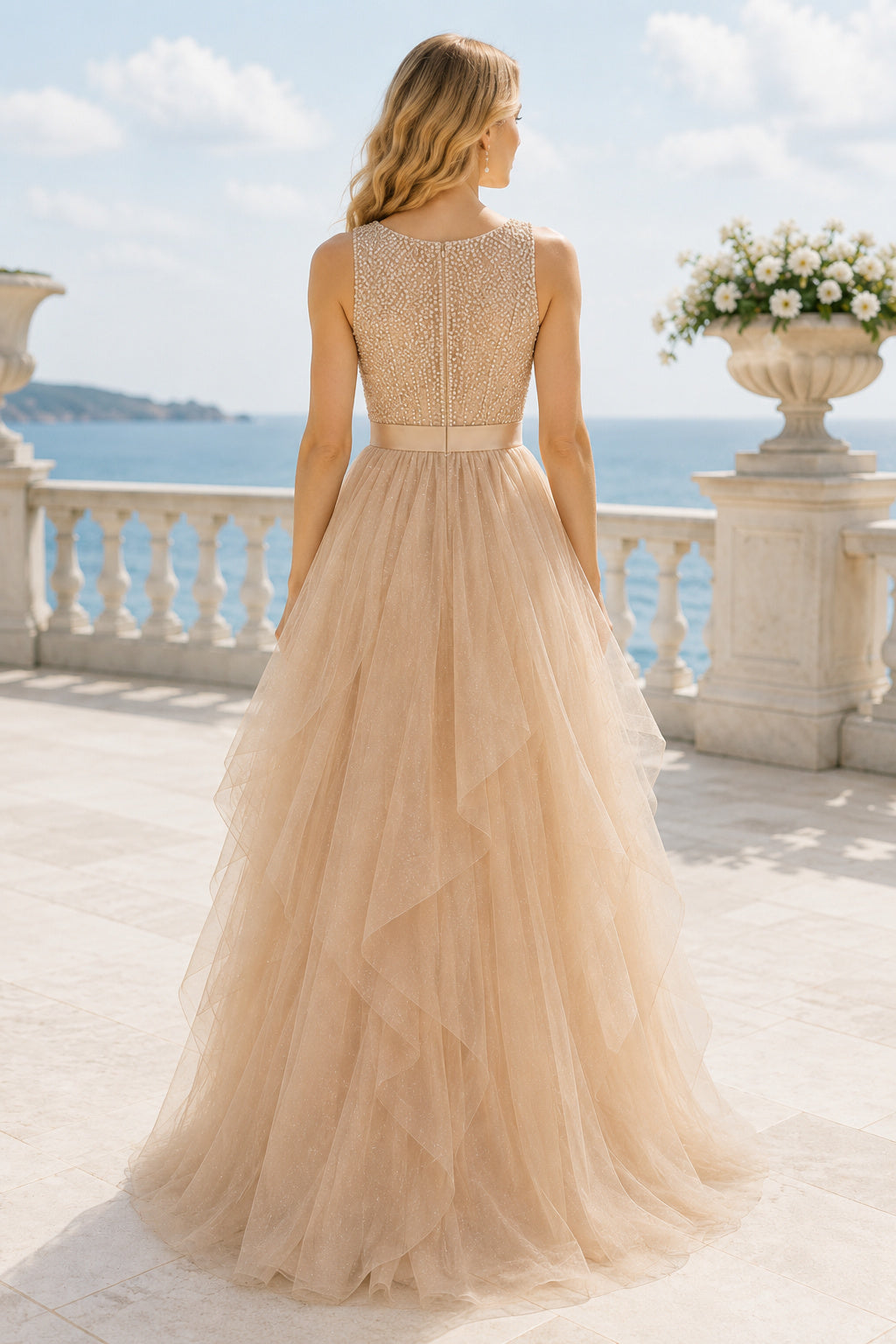Champagne High Neck Lace Bodice with Flowing Tulle Skirt Floor Length A-Line Prom Dress back view