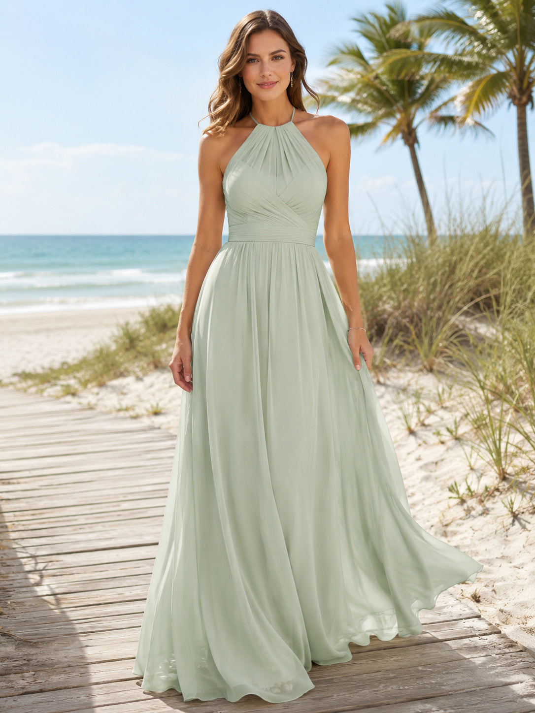 Beach Sage Chiffon Bridesmaid Dress A-Line Halter Floor Length Tie Back Gown front view