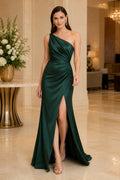 Dark Green One-Shoulder Satin Sheath Dress with Front Slit front view