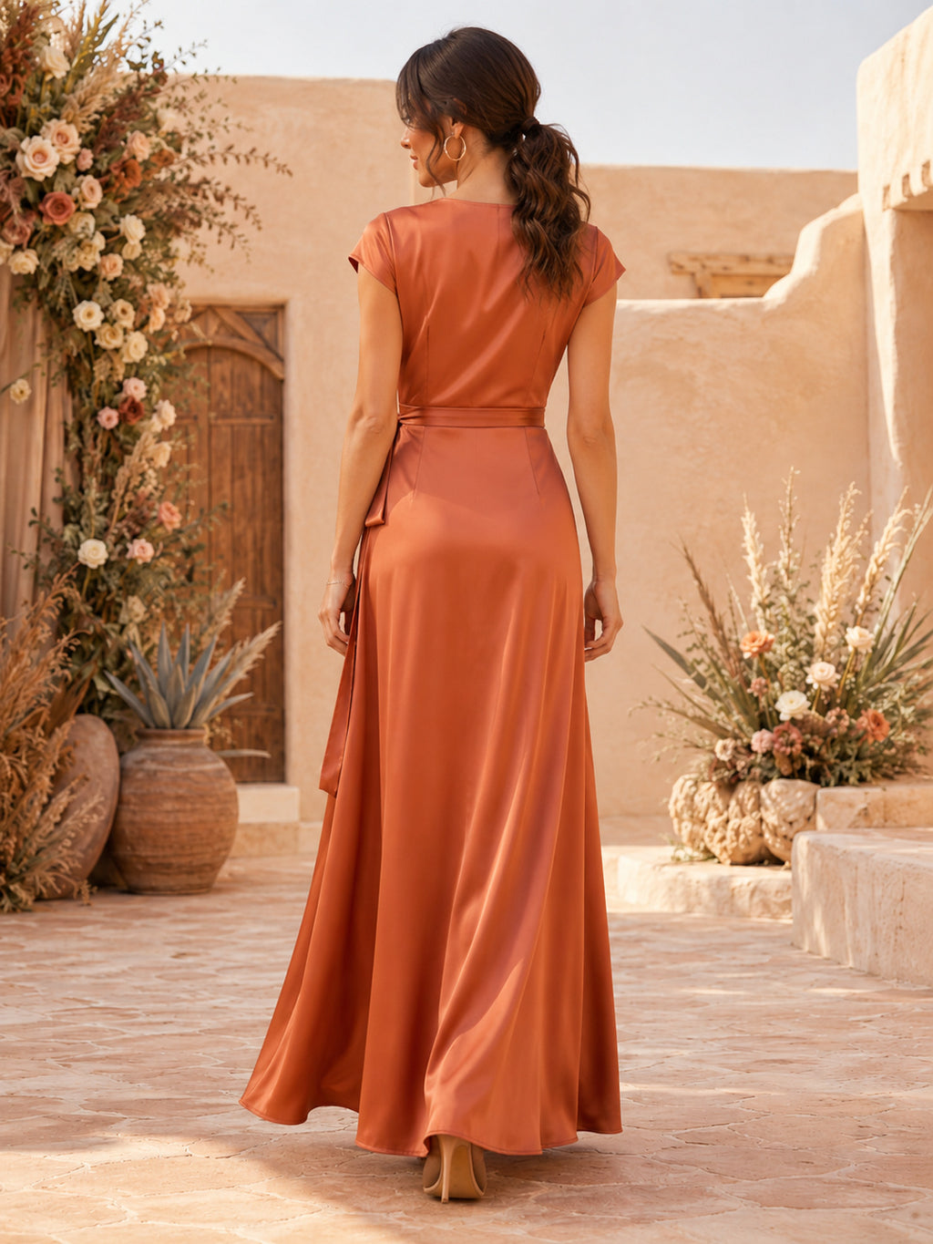 Terracotta satin wrap bridesmaid gown with side slit back view