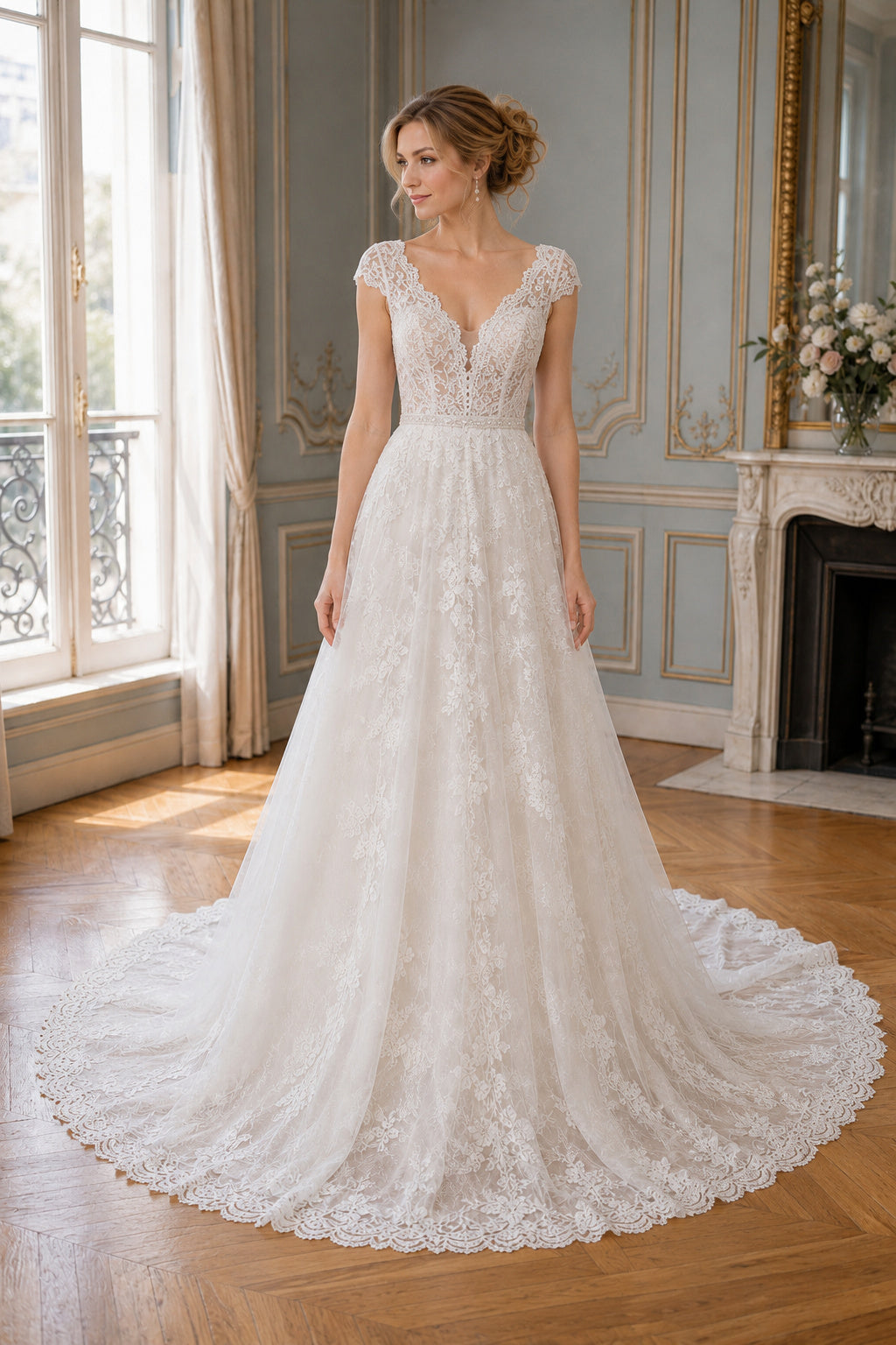 Ivory Off-the-shoulder Mermaid Crepe, Lace Floor-length Wedding Dress With Lace and Front Slit and Open Back Pearl Detail