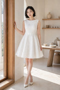 White Bateau Sleeveless A-Line Satin Tea-Length Dress With Bow Waist