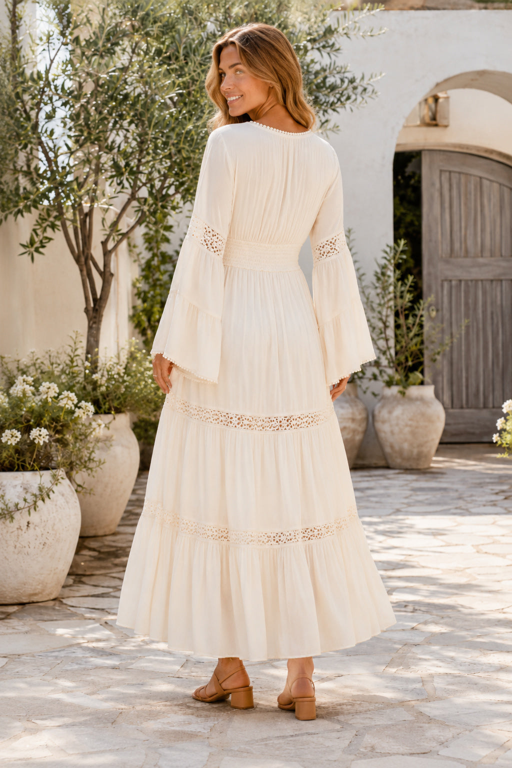 Cream Long Sleeve Boho Guest Dress with V-Neck Tiered Skirt and Bell Sleeves for Garden Reception Party back view