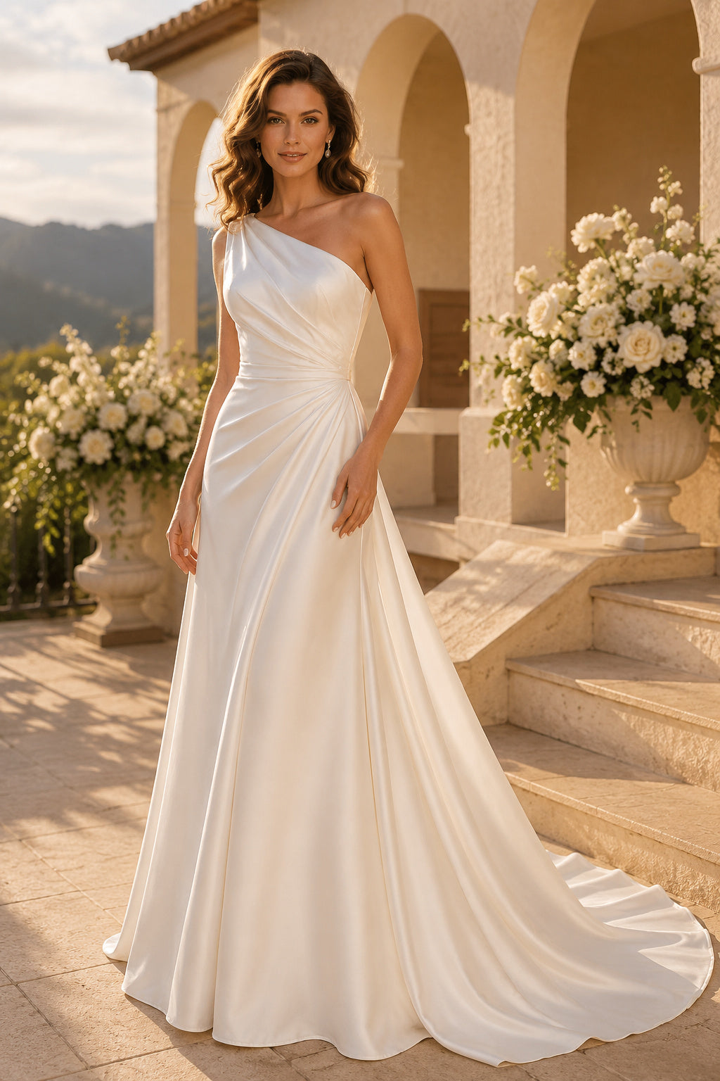 Satin Wedding Dress Mermaid One Shoulder Sleeveless Sweep Train Bridal Gown Style 721274 front view