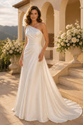 Satin Wedding Dress Mermaid One Shoulder Sleeveless Sweep Train Bridal Gown Style 721274 front view