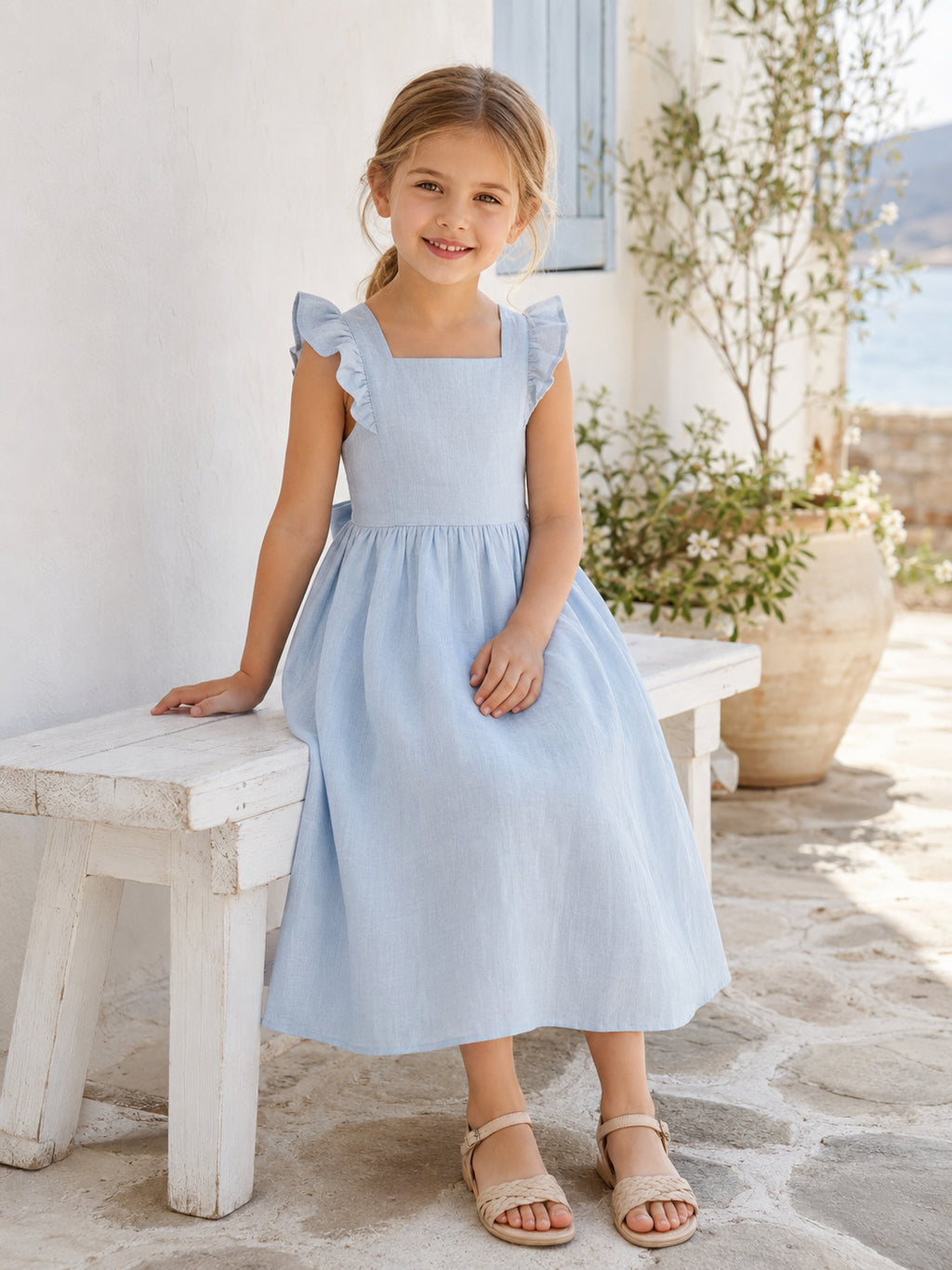 Rustic Sky Blue Linen Square Neck Petal Sleeve Bow Tea-Length A-Line Beach Flower Girl Dress front view
