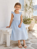 Rustic Sky Blue Linen Square Neck Petal Sleeve Bow Tea-Length A-Line Beach Flower Girl Dress front view