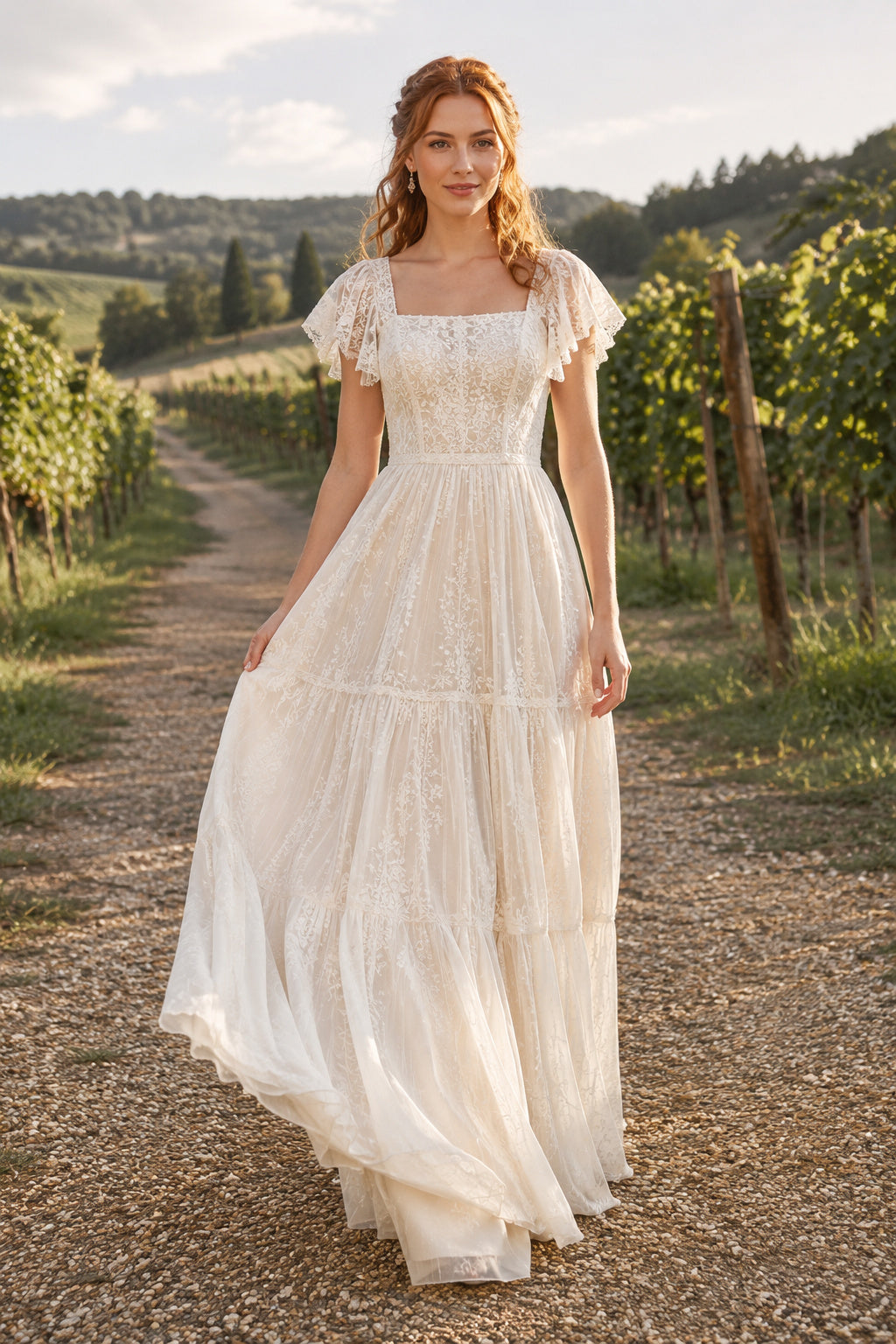 Square Neck Puff Sleeve Tiered A-Line Wedding Dress with Lace Bodice and Soft Train front view
