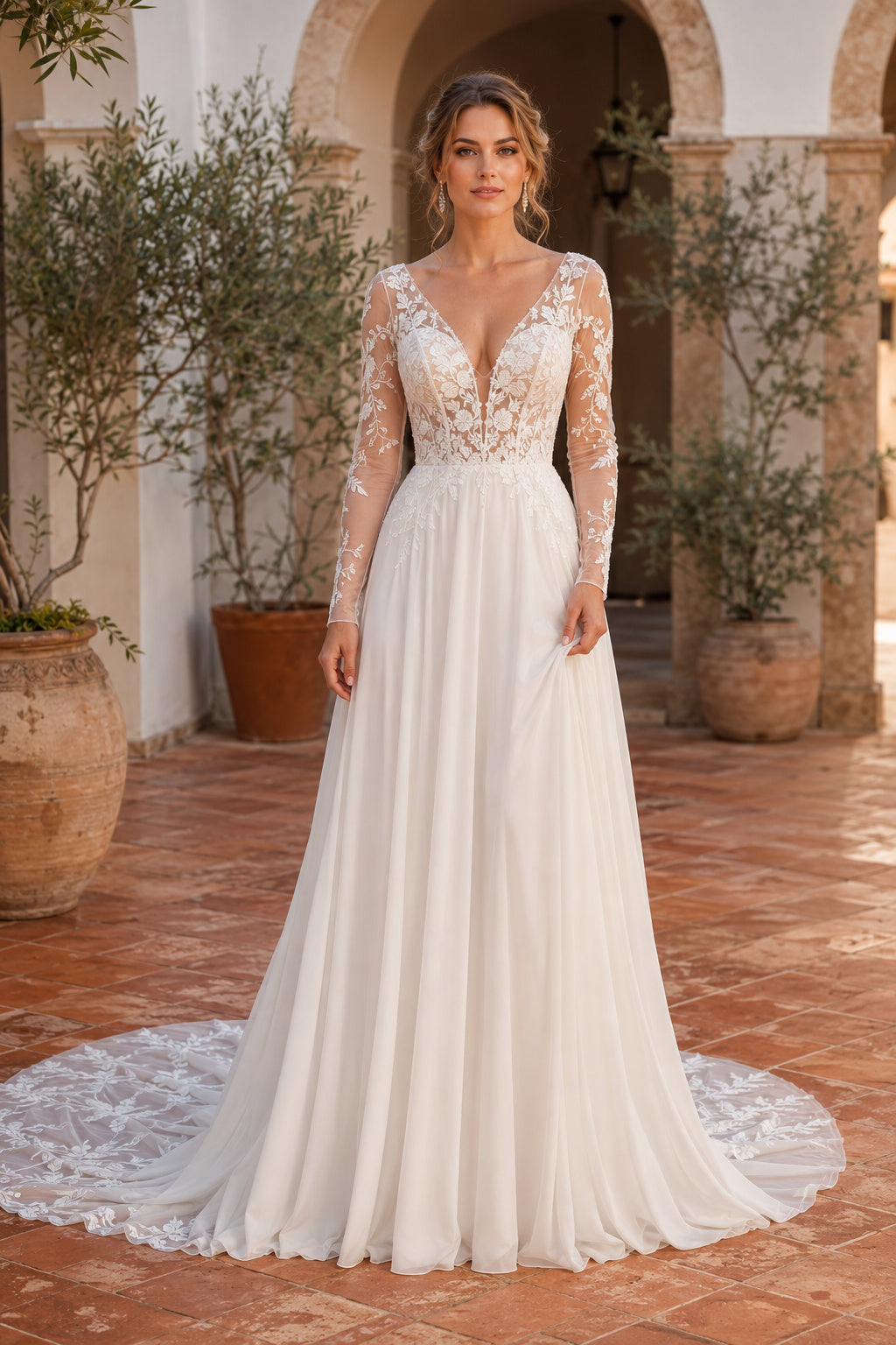 Ivory Long Sleeve Lace Bodice Chiffon A-Line Wedding Dress Train for Wedding Ceremony and Reception front view