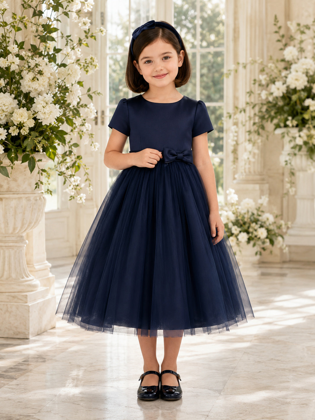 Flower Girl Dress Dark Navy Tulle A-Line Short Sleeve Jewel Neck Tea Length Bow Back front view