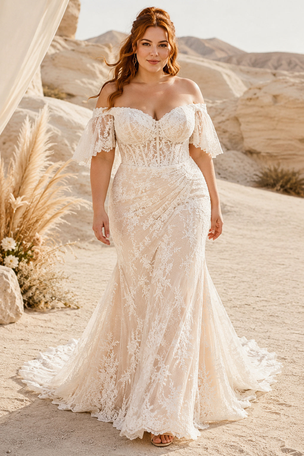 Plus Size Off-the-Shoulder Boho Lace Mermaid Wedding Dress with Short Sleeves front view