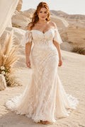 Plus Size Off-the-Shoulder Boho Lace Mermaid Wedding Dress with Short Sleeves front view