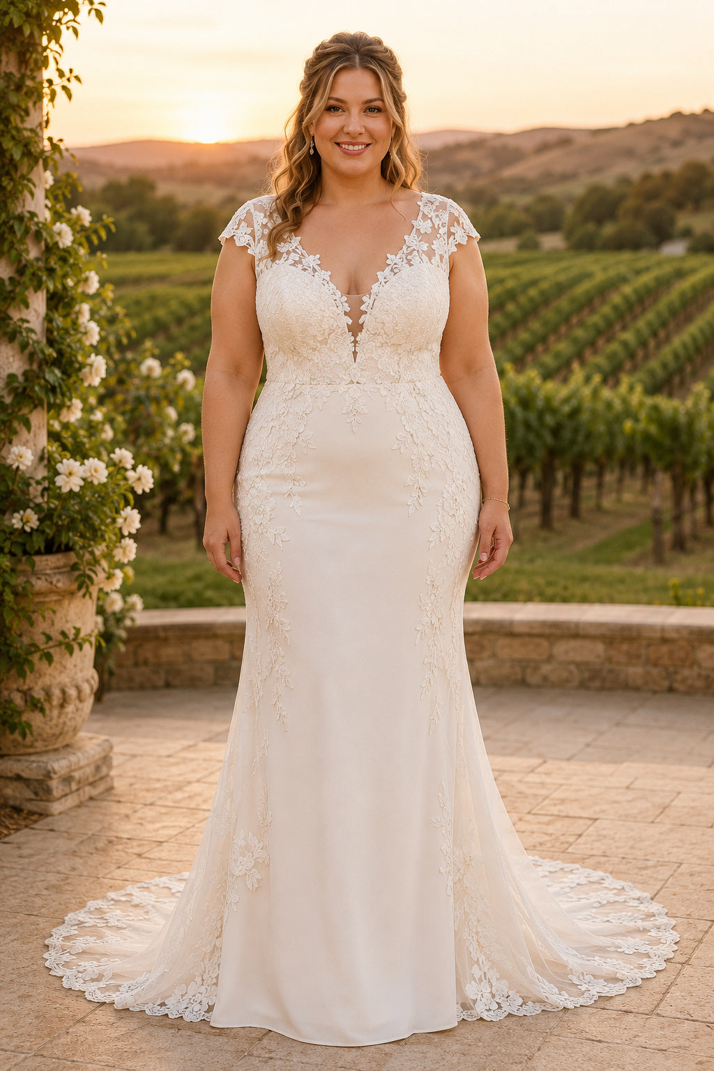 Plus Size Ivory V-Neck Sleeveless Lace Tulle Mermaid Wedding Dress with Sleeveless Lace Bodice and Chapel Train front view