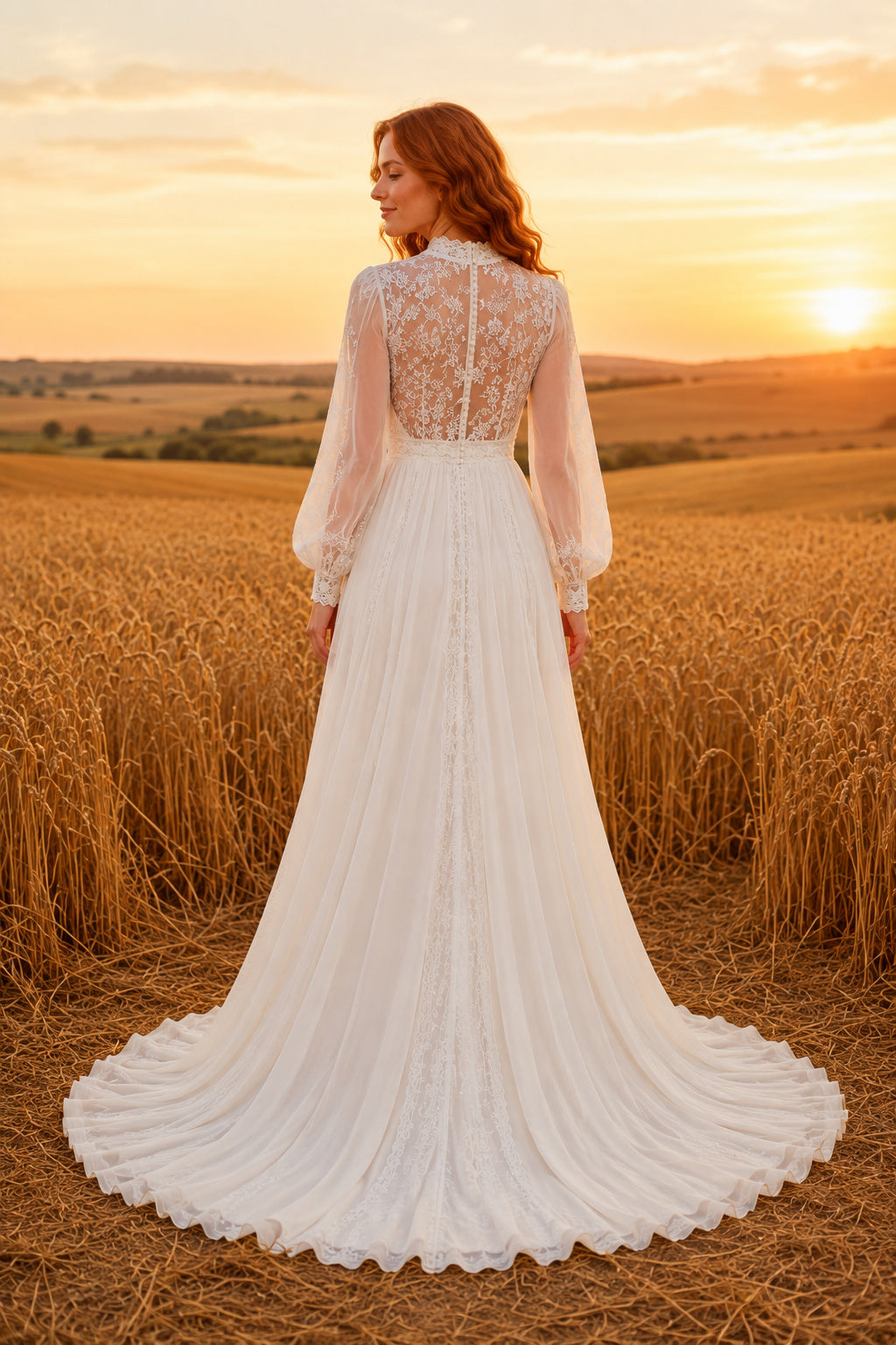 High Neck Long Sleeve A-Line Wedding Dress with Lace Bodice and Chiffon Train for Rustic Garden Ceremony Style MG_700696 back