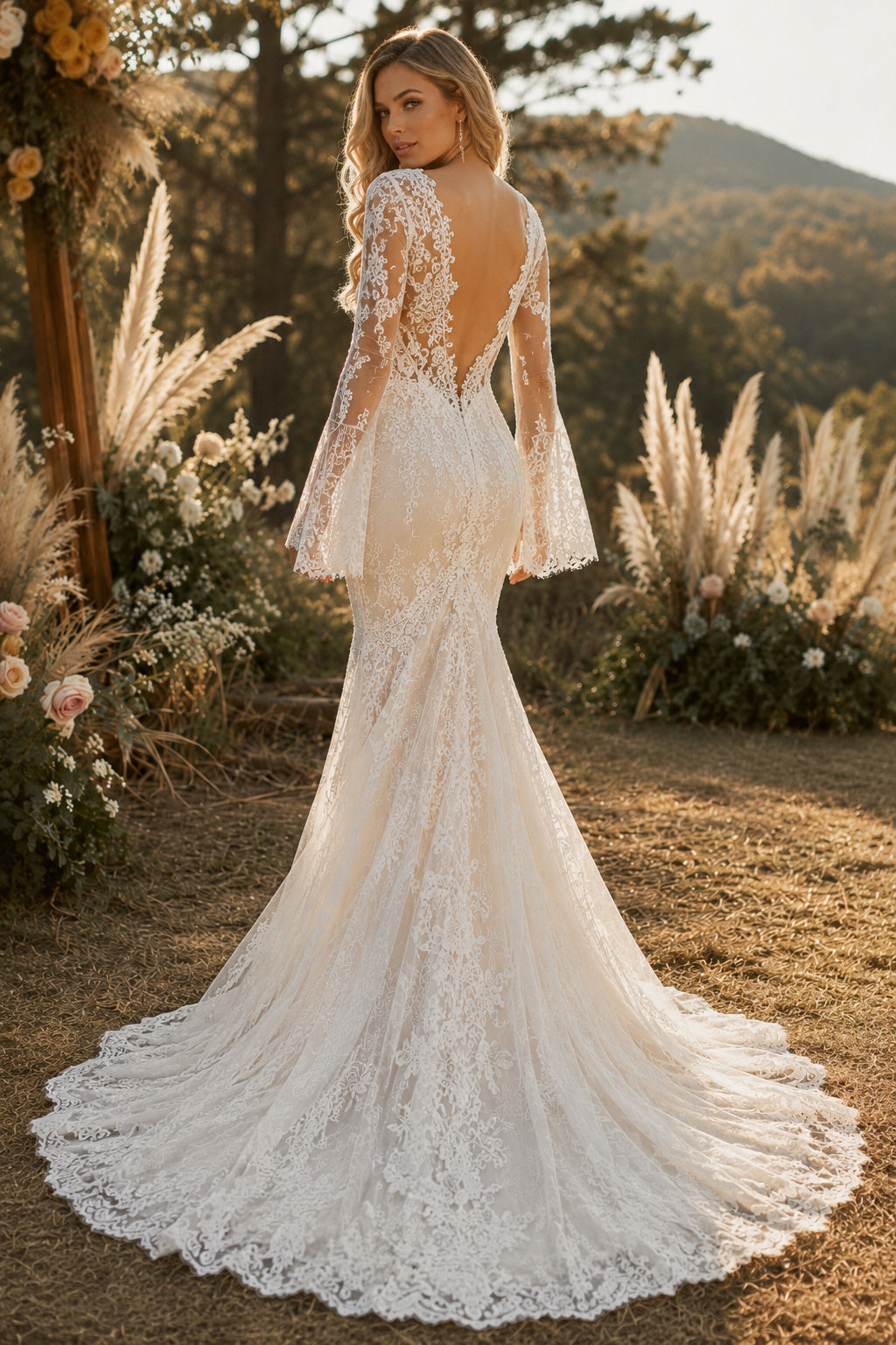 Ivory Sexy V-Neck Mermaid Allover Lace Wedding Dress with Long Bell Sleeves and Chapel Train back view