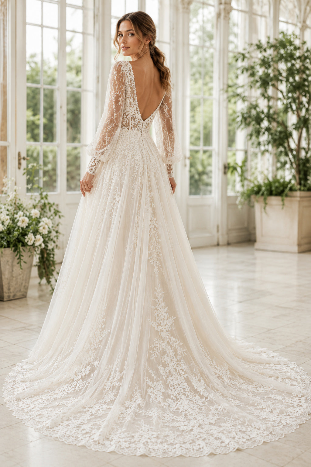 Ivory Luxury V-Neck A-Line Lace Tulle Wedding Dress with Long Lace Sleeves and Chapel Train back view