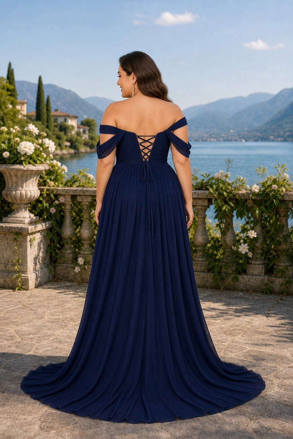 Navy Off-the-Shoulder Floor-Length Chiffon A-Line Dress