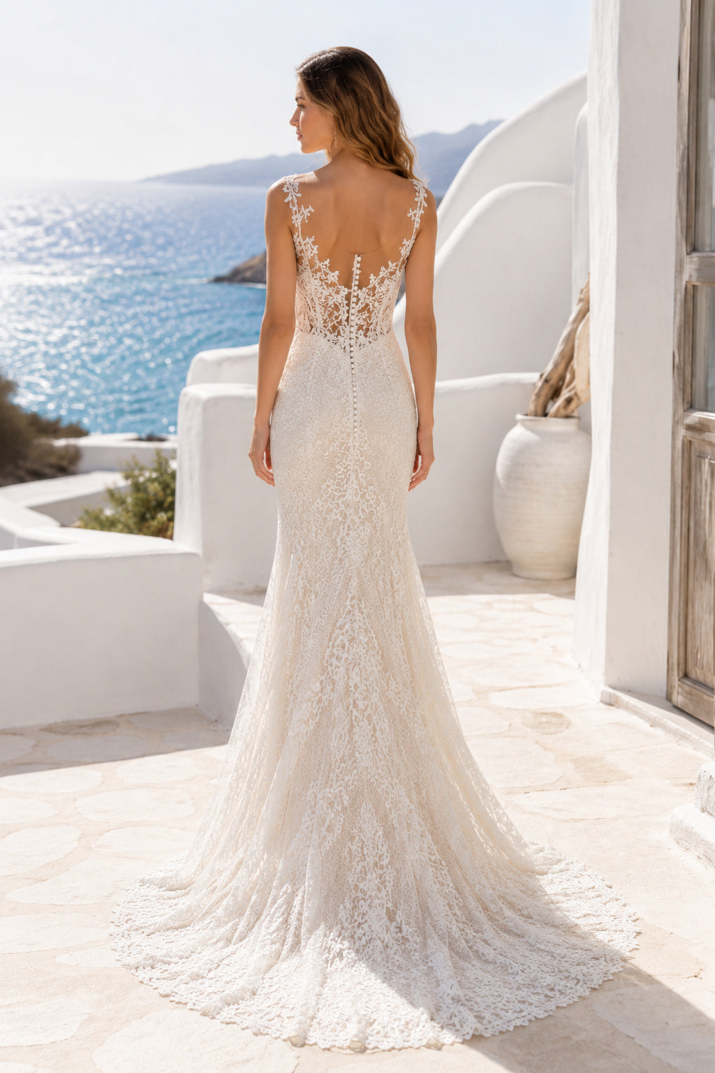 Ivory Cap Sleeve V-Neck Lace Mermaid Wedding Dress Low Back Train for Bridal Ceremony and Reception back view