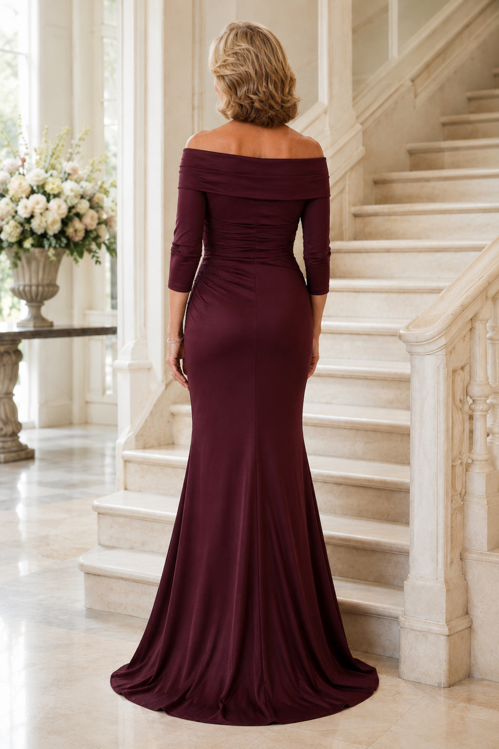Burgundy Off Shoulder Jersey Mermaid Mother Dress with Three Quarter Sleeves and Ruching back view